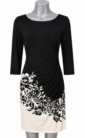 Lauren Ralph Lauren Women 4 Black Cream Floral Ruched Sheath Dress 3/4 Sleeve thumbnail 1