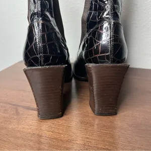 VTG Michael Perry Dark Brown Leather Crocodile Square Toe Block Heel Ankle Boots thumbnail 9