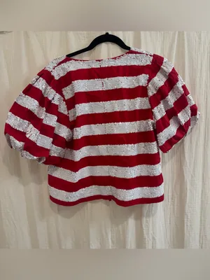 QUEEN OF SPARKLES Red & White Striped Tie-Front Puff Sleeve Crop Top thumbnail 4