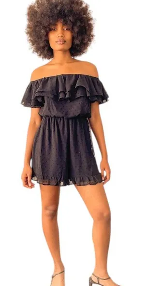 Lulus Black Off The Shoulder Swiss Dot Romper Size Small NWT thumbnail 1
