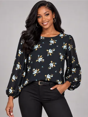 Loft Women's Size L Blouse Top Long Sleeve Blue Floral Polyester Crew Neck thumbnail 1
