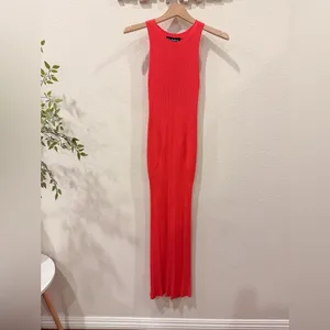 En Saison Tera Ribbed Knit Bodycon Vacation Midi Dress in Tomato Red Size Small thumbnail 2