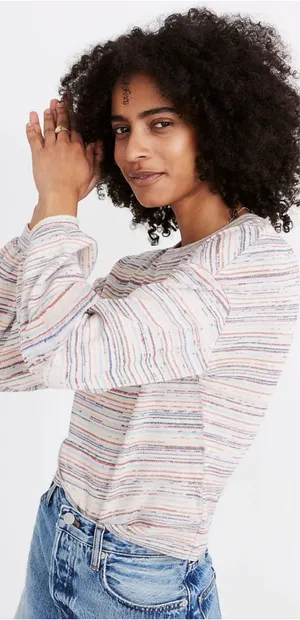 Madewell Sweater Bubble-Sleeve Crop Top in Rainbow Stripe XL thumbnail 3