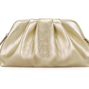Gold Pleated Evening Clutch Bag Shiny Leather Formal Wedding Crossbody Purse thumbnail 5