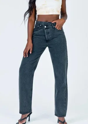 Princess Polly Asymmetric Straight Leg Jeans Black thumbnail 3