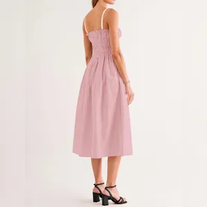 NEW Pink Cotton Spaghetti Strap Dress Tie Smocked Vacation Beach Midi Dress M thumbnail 3