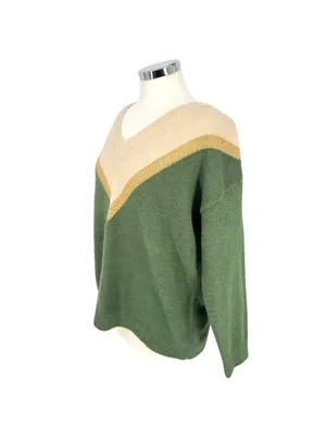 Aaron & Amber Chevron V-Neck Sweater Cabincore 70s Retro Beige Gold Green Medium thumbnail 6