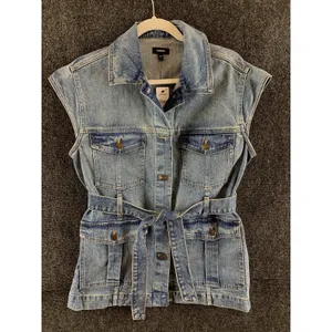 NEW Express Women's Denim Vest Size Small Utility Style Belted Blue Jean Jacket thumbnail 2