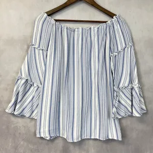 DREW Women Top Blouse Size Medium Off Shoulder Stripe Tiered Bell Sleeve Peasant thumbnail 2