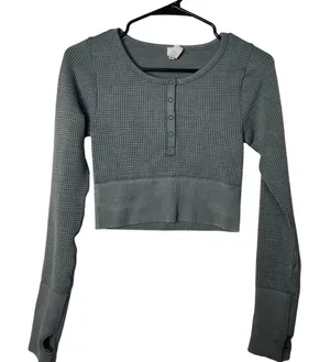 Offline By Aerie Sage Green Long Sleeve Henley Waffle Knit Crop Top Size XS thumbnail 1