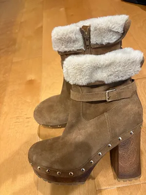 Guess Women's Damina Platform Wood Clog Booties boots suede tan sz 9 thumbnail 2