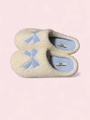 Plush Cream Sherpa Slip-On Slippers with Light Blue Gingham Bow thumbnail 5