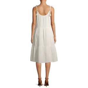 Time and Tru Womens Ivory Stripes Tiered Midi Dress Tie Tassel Strap NEW Large thumbnail 4