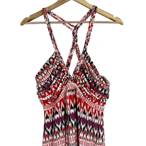 Boston Proper Ikat Geometric Maxi Dress Red Boho Braided T-Back Size S thumbnail 3