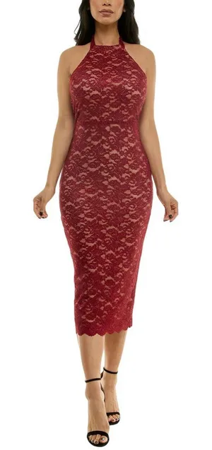 NWT Emerald Sundae Glitter Lace Bodycon Halter Dress JYP3473 Medium Red XS thumbnail 1