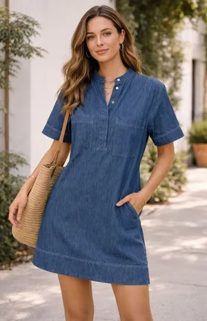 G. Label by Goop (gwyn) Blue Denim Chambray Short Sleeve Dress 2 thumbnail 1