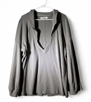Free People Beach Womens Oversized Deep V-Neck Ribbed‎ Pullover Top Grey M thumbnail 1
