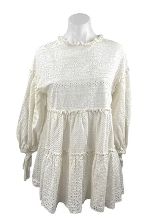 Women's Ivory Eyelet Embroidery Balloon Sleeve Tiered Mini Flare A-Line Dress S thumbnail 1