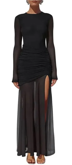 Black Long-Sleeve Ruched Maxi Dress with High Side Slit thumbnail 1