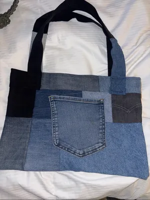 Denim Tote Bag Made Up Of All Different Swatches Of Denim Pocket On The Outside thumbnail 1