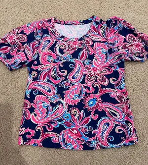 Lilly Pulitzer Navy Pink Blue Paisley Short Sleeve Tee thumbnail 1