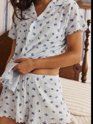 Nuuds Ditsy Blue Pointelle PJ Set With Pointelle Bralette Size: L thumbnail 1