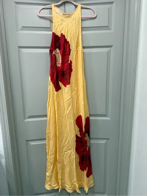 Farm Rio Light Yellow Poppy Flowers Sleeveless Maxi Dress size large thumbnail 2