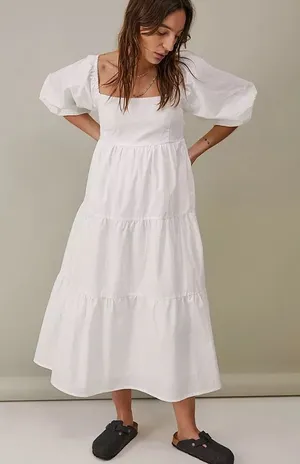 NWT Faithfull The Brand Kiona White Midi Dress Tiered Poplin Womens Size 4 / S thumbnail 1