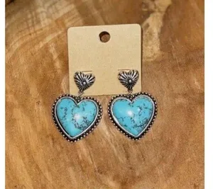 Silver Tone Imitation Turquoise Stone Heart Hanging Earrings, NWT thumbnail 3