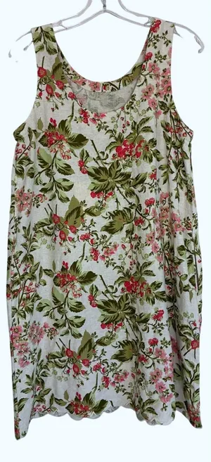 Laura Ashley Linen Blend‎ Floral Shift Dress Scalloped Hem Pink Green M thumbnail 1