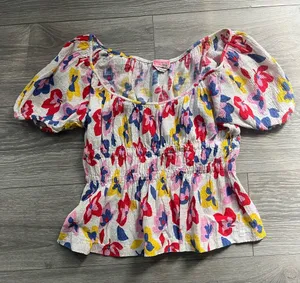 Kate Spade White Blue Floral Smocked Scoop Neck Puff Sleeve Cotton Blouse Size M thumbnail 1