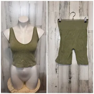 JoyLab Two Piece Set Womens Small Olive Green Ribbed Crop Tank Biker Shorts thumbnail 2