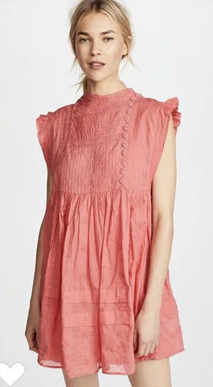 Free People Pintuck Lace Embroidered Babydoll Mini Dress Pink Boho Size XS thumbnail 1