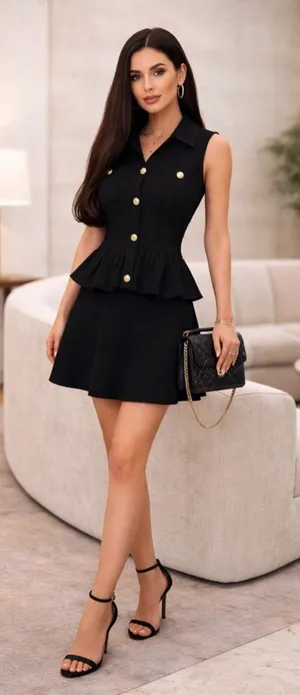 Black Tweed Mini Dress | Gold Button Sleeveless Peplum | Chic Luxury L thumbnail 1