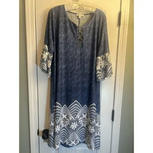 Chelsea Taylor 2X Blue Faux Denim Dress Lace Trim Ring Neck Stretch Midi Plus thumbnail 2
