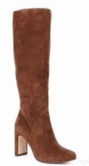 Chelsea & Violet Tall Knee Carmel Suede Boot Side Zip Block Heel Brown 8 M NEW thumbnail 1