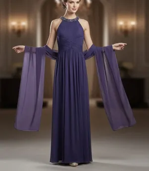 Alex Evenings Purple Beaded Sleeveless‎ Chiffon Halter Gown Size 8 Shawl thumbnail 1