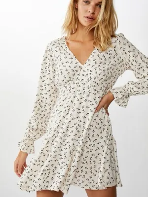 Cotton On Floral Pepa V-Neck Long Sleeve Mini Dress Ditsy Pink Sand Small thumbnail 1