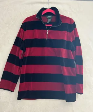 Lauren Ralph Lauren Red Black‎ Striped Velour Quarter Zip Pullover Sweater XL thumbnail 1
