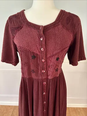 Select Vintage 90s Brown Embroidered Button-Front Midi Dress Sz Medium Phoebe thumbnail 3