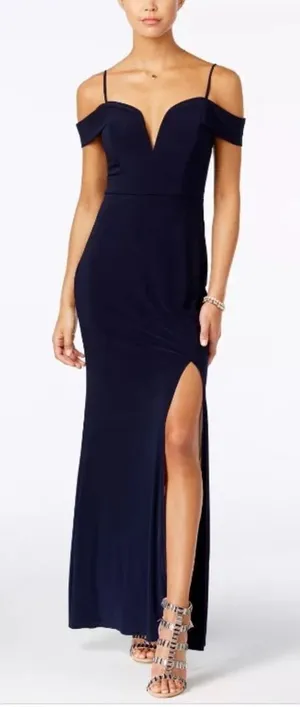CITY STUDIO NWT Juniors Navy Plunge Off Shoulder Sleeve Size 3 Formal Dress Gown thumbnail 1