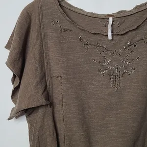 Free People slub embellished green gray crop top blouse sz Small thumbnail 5