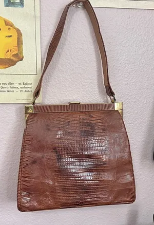Vintage 50s 60s Bellstone Snakeskin Kisslock Elegant Brown Leather Handbag thumbnail 1