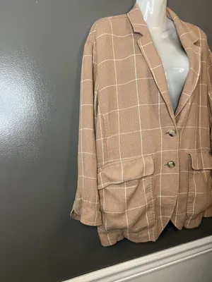Madewell Blazer Womens XL Tan Windowpane Linen Blend Patch Pockets 2 Button thumbnail 2