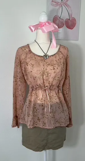 Vintage Y2K George Pink Floral‎ Sheer Mesh Milkmaid Tie Front Top Womens Large thumbnail 1