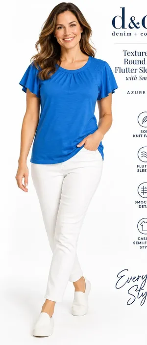 denim & co texture knit round neck flutter sleeve top azure blue size s thumbnail 1
