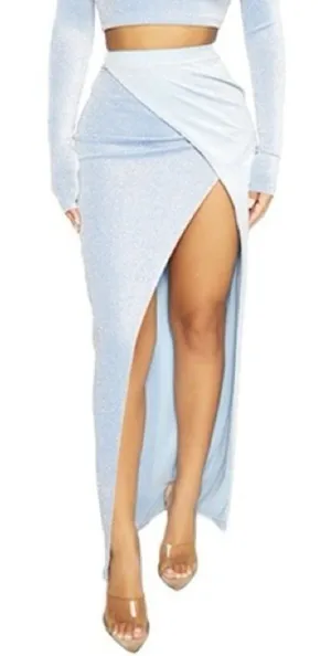 NWT NAKED WARDROBE On The Glow Skirt In Blue Glitter Maxi Slit Size Small thumbnail 1
