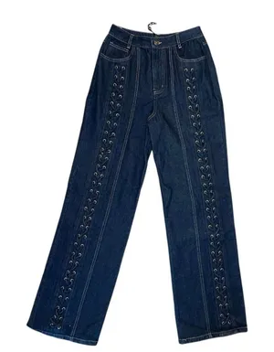 NWT White Fox Serenity Mid / High Rise Lace Up Wide Leg Dark Wash Denim XS Y2K thumbnail 1