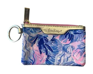 Lilly Pulitzer ID‎ Case Keychain Wallet Blue Pink Tropical Sea Life Gold Trim thumbnail 1