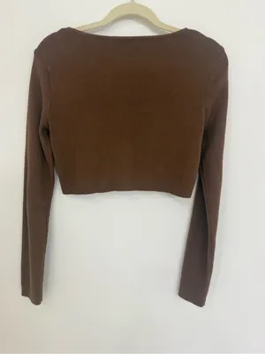 Brandy Melville Brown Cropped Button-Front Long Sleeve Top thumbnail 2